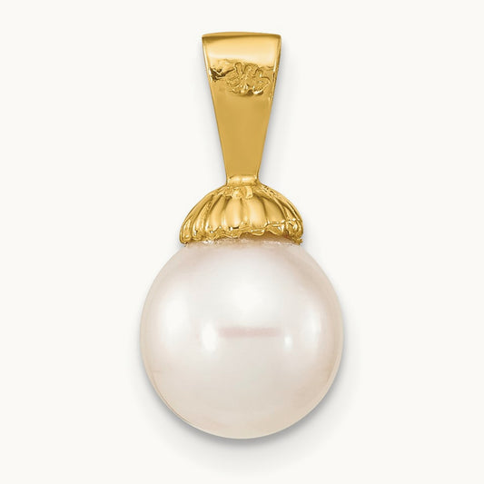 8- White Round Freshwater Pearl Pendant, 9mm, 14K