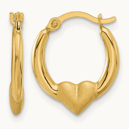 Polished and Satin Heart Hoop Earrings, 14K