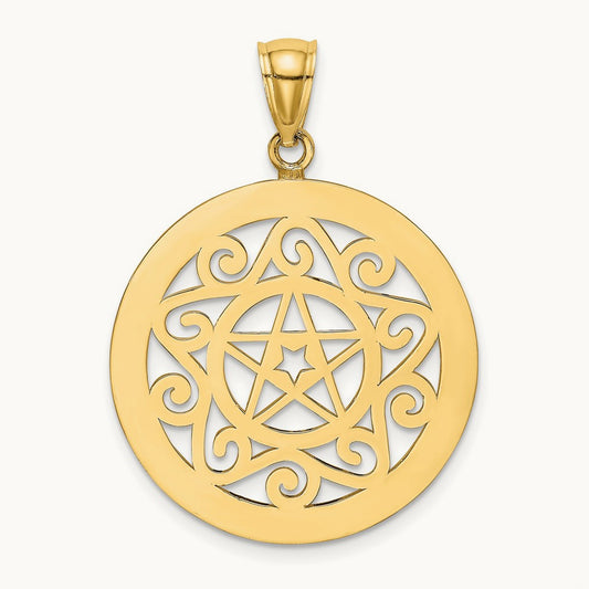 Tribal Star In Round Frame Charm — 14K Yellow Gold