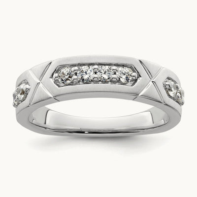 Polished & Satin Grooved Diamond Mens Wedding Band, 14K White Gold