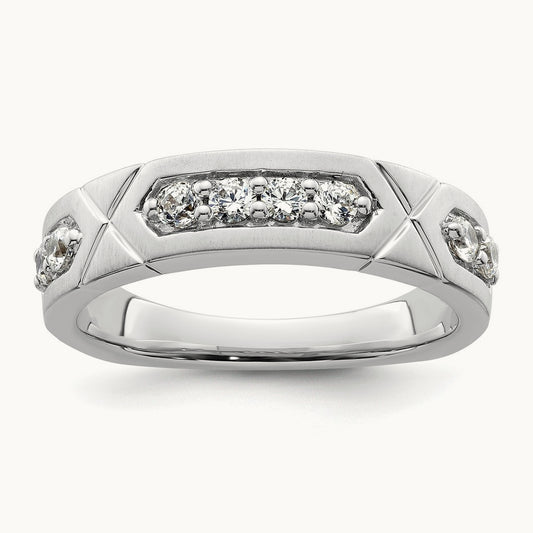 Polished & Satin Grooved Diamond Mens Wedding Band, 14K White Gold
