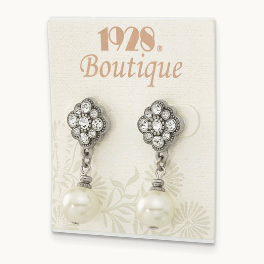 1928 Silver-tone 10mm Cultura Imitation Pearl and Crystal Dangle Earrings
