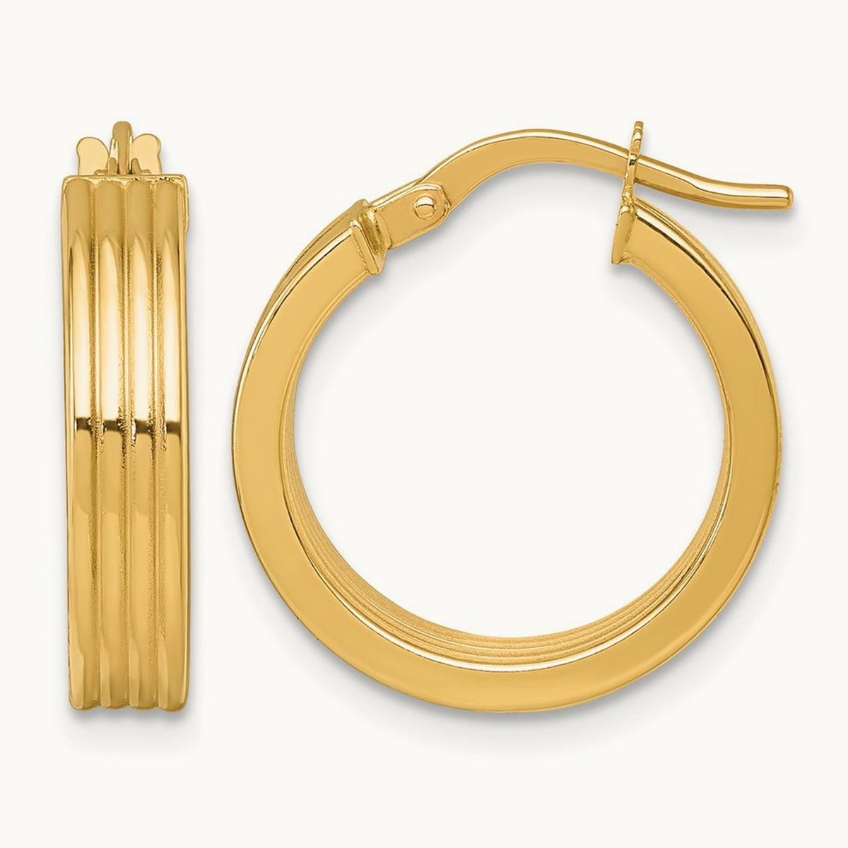 Polished Grooved Hoop Earrings — 14K Yellow Gold, 19mm