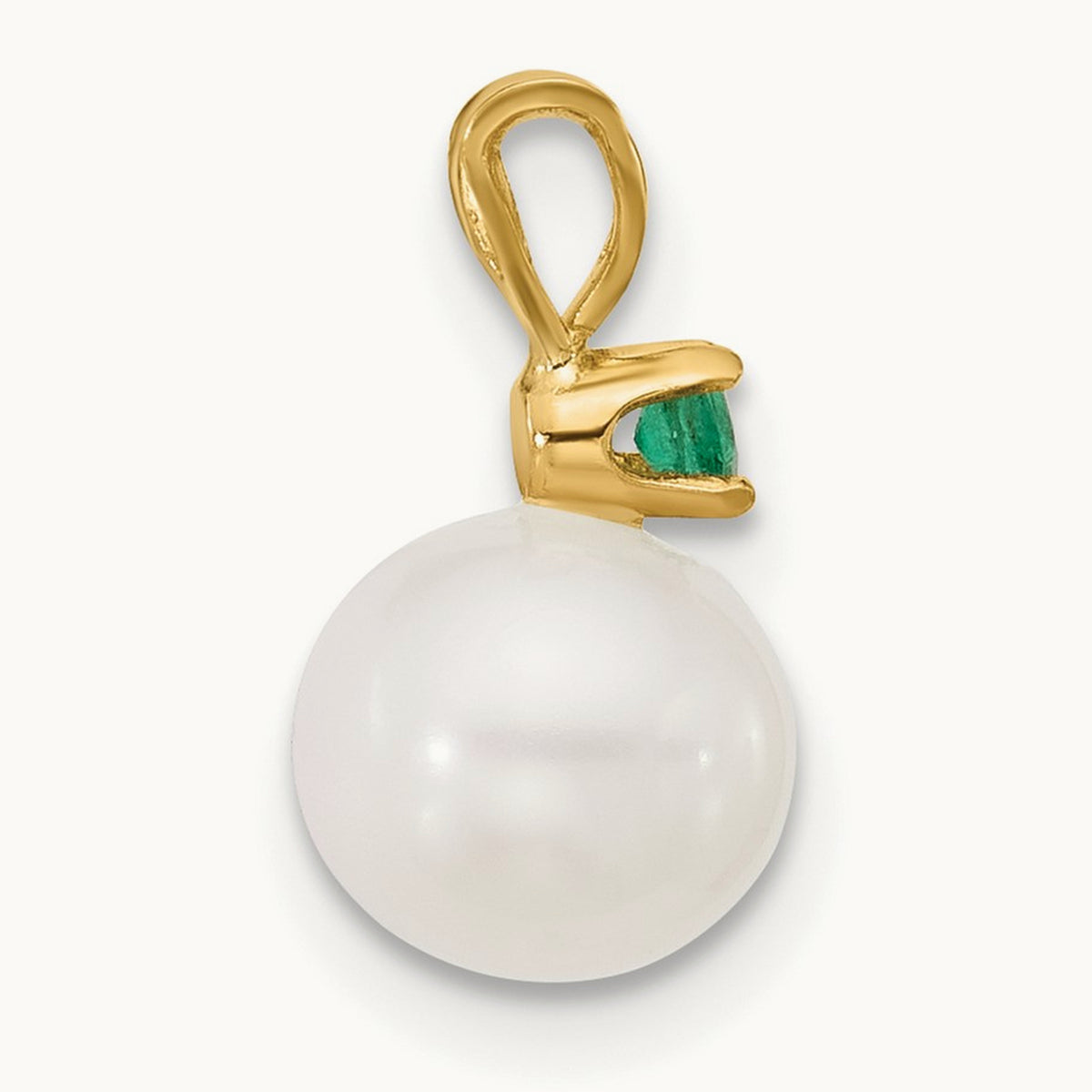 7- White Round FWC Pearl Emerald Pendant, 7.5mm, 14K