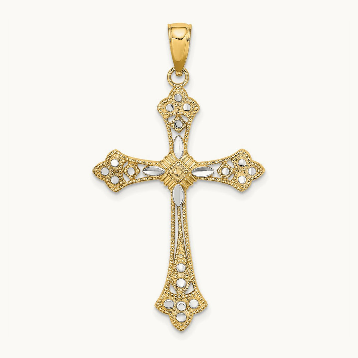 W/ Rhodium D/C Edges Cross Charm, 14K