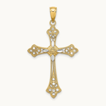 W/ Rhodium D/C Edges Cross Charm, 14K