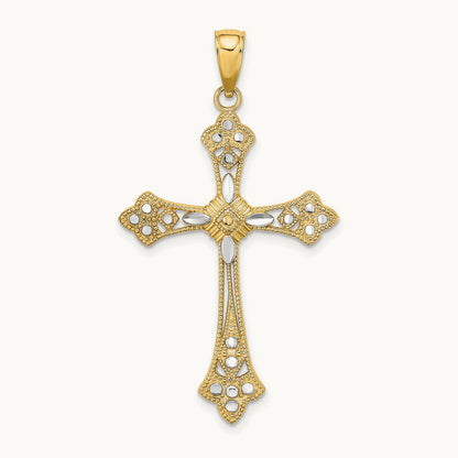 W/ Rhodium D/C Edges Cross Charm, 14K