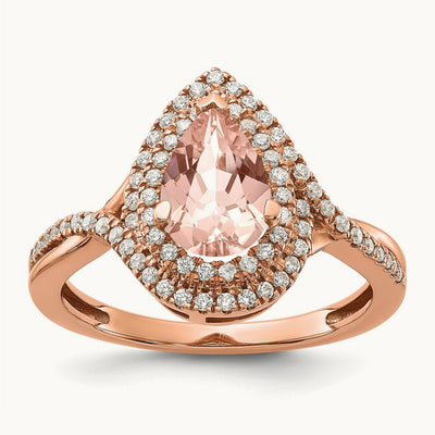 Blooming Bridal Morganite Pear Complete Engagement Ring, 14K Rose Gold