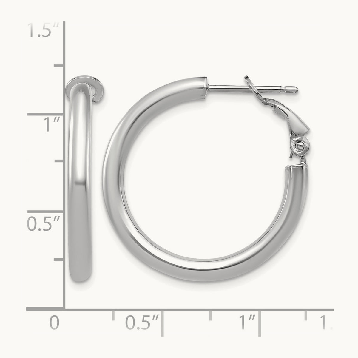 Polished Round Omega Back Hoop Earrings — 14K White Gold, 3x25mm
