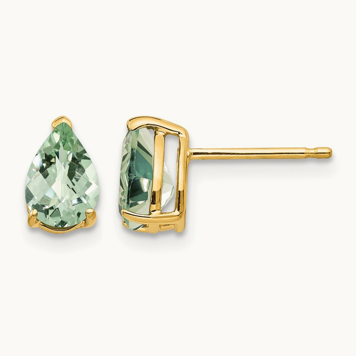 7x5 Pear Checker-Cut Green Quartz Earrings, 14K