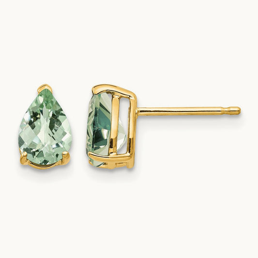 7x5 Pear Checker-Cut Green Quartz Earrings, 14K