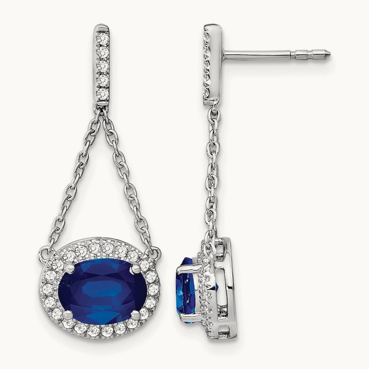 Oval Created Sapphire and Diamond Dangle Earrings — photo set