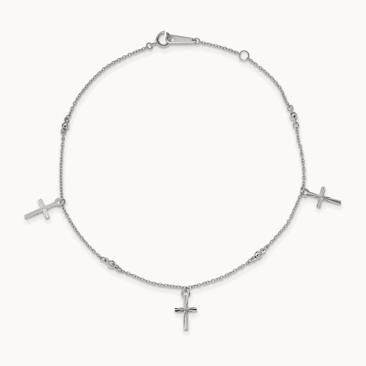 Polished and Diamond-cut Cross 9in Plus 1in extension Anklet — 14K White Gold