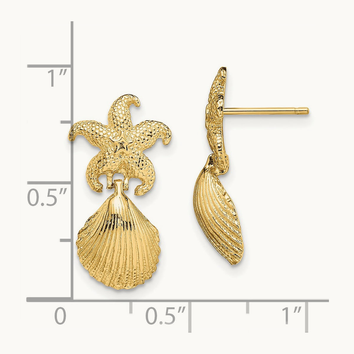 Starfish /Scallop Shell Dangle Earrings, 14K