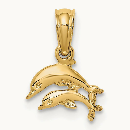 2-D Mini Double Dolphins Swimming Charm, 14K