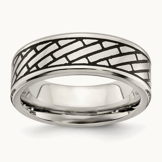 Antiqued and Polished Brick Pattern Band, 7.5mm, Stainless Steel