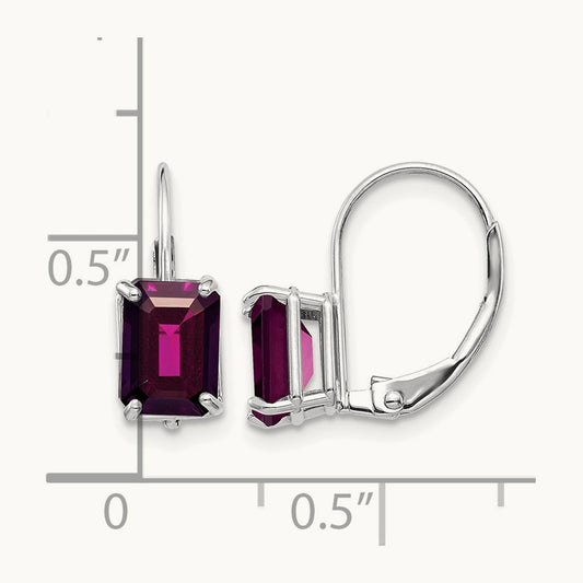 7x4 Emerald Cut Rhodolite Garnet Leverback Earrings, 14K White Gold