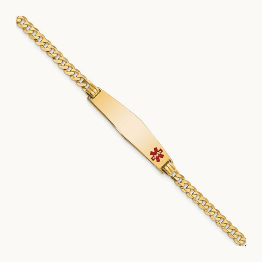 Medical Soft Diamond Shape Red Enamel Flat Curb Link ID Bracelet, 14K