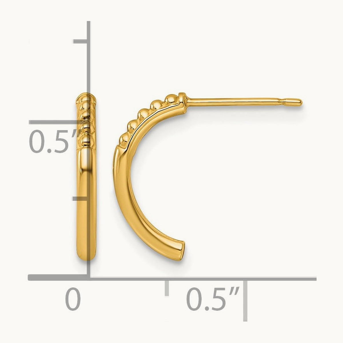 Polished and Beaded Post J-Hoop Earrings, 14K