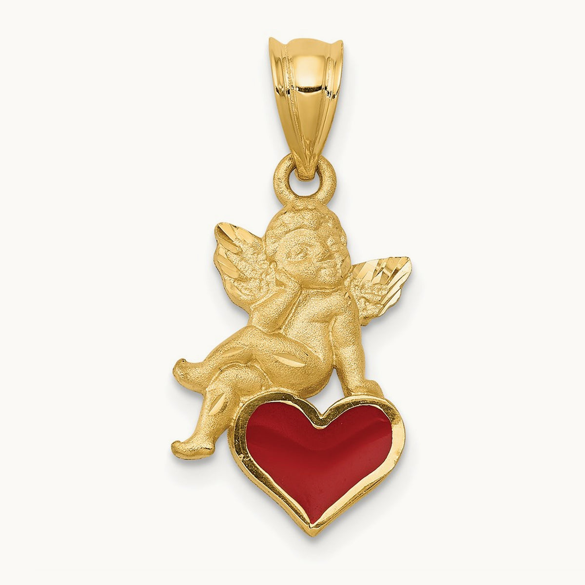 Enameled Angel on Heart Pendant, 14K