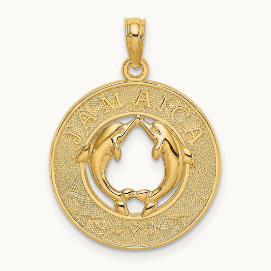 JAMAICA w/Dolphins Circle Charm, 14K
