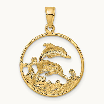 Double Dolphins In Circle Charm, 14K