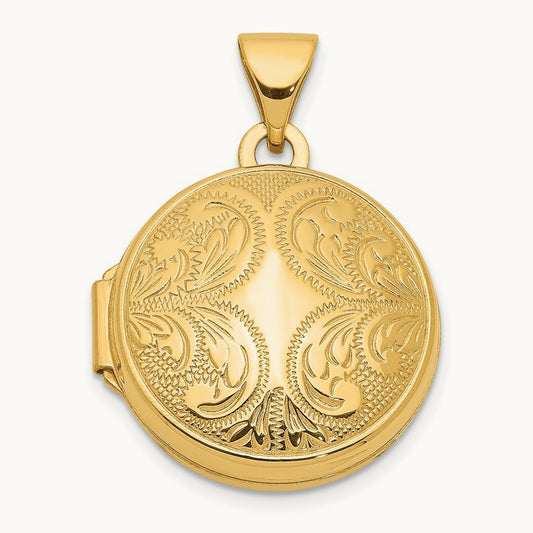 Round Locket with Scroll Design, 16mm, 14K