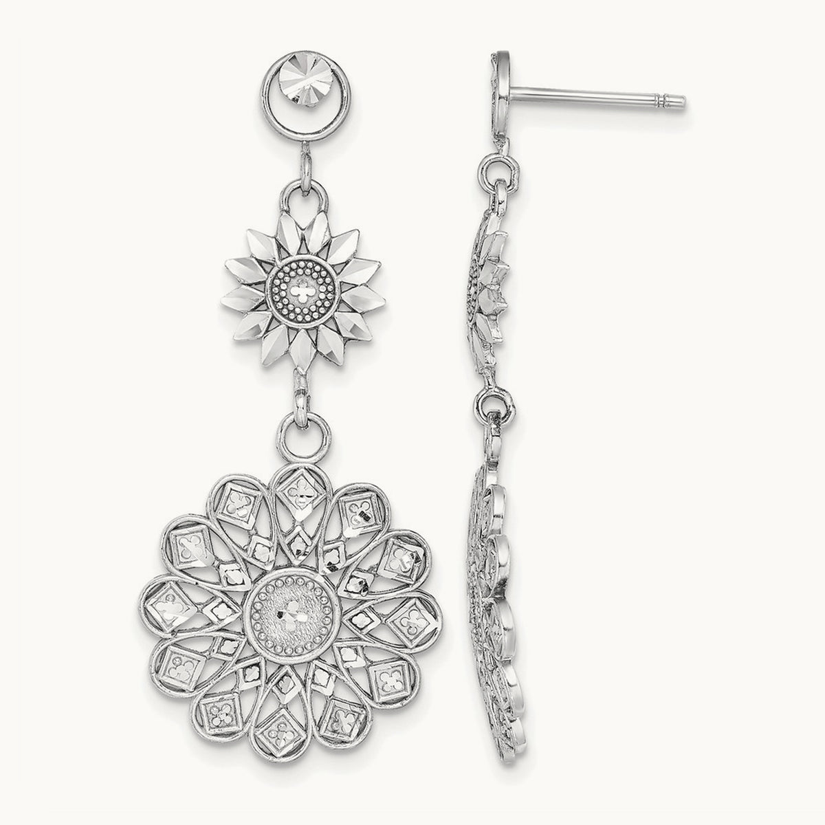 D/C Sunflower Style Double Drop Earrings, 14K White Gold