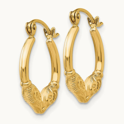 Ram Head Hoop Earrings, 14K