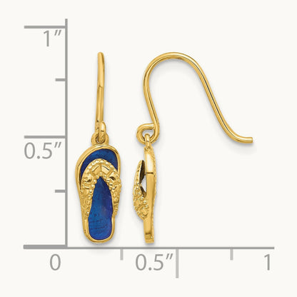 Polished Blue Enameled Flip Flop Shepherd Hook Dangle Earrings, 14K