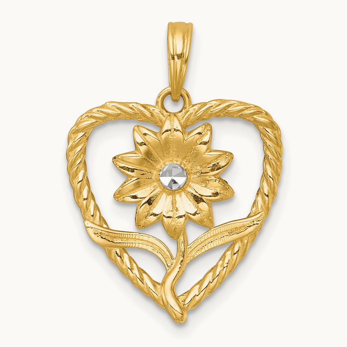 Polished Flower In Heart Charm, 14K with White Rhodium