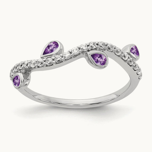 Diamond and Pear Amethyst Curved Ring, 14K White Gold