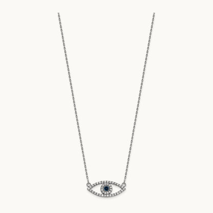 Small Necklace Diamond and Sapphire Evil Eye, 14K White Gold
