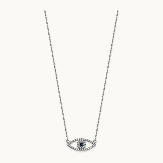 Small Necklace Diamond and Sapphire Evil Eye, 14K White Gold
