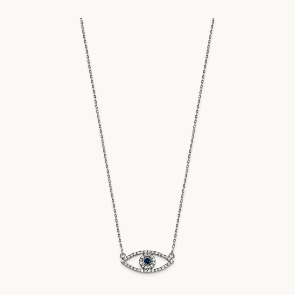 Small Necklace Diamond and Sapphire Evil Eye, 14K White Gold