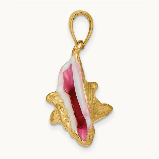 Polished 3-D Pink and White Enameled Conch Shell Pendant, 14K