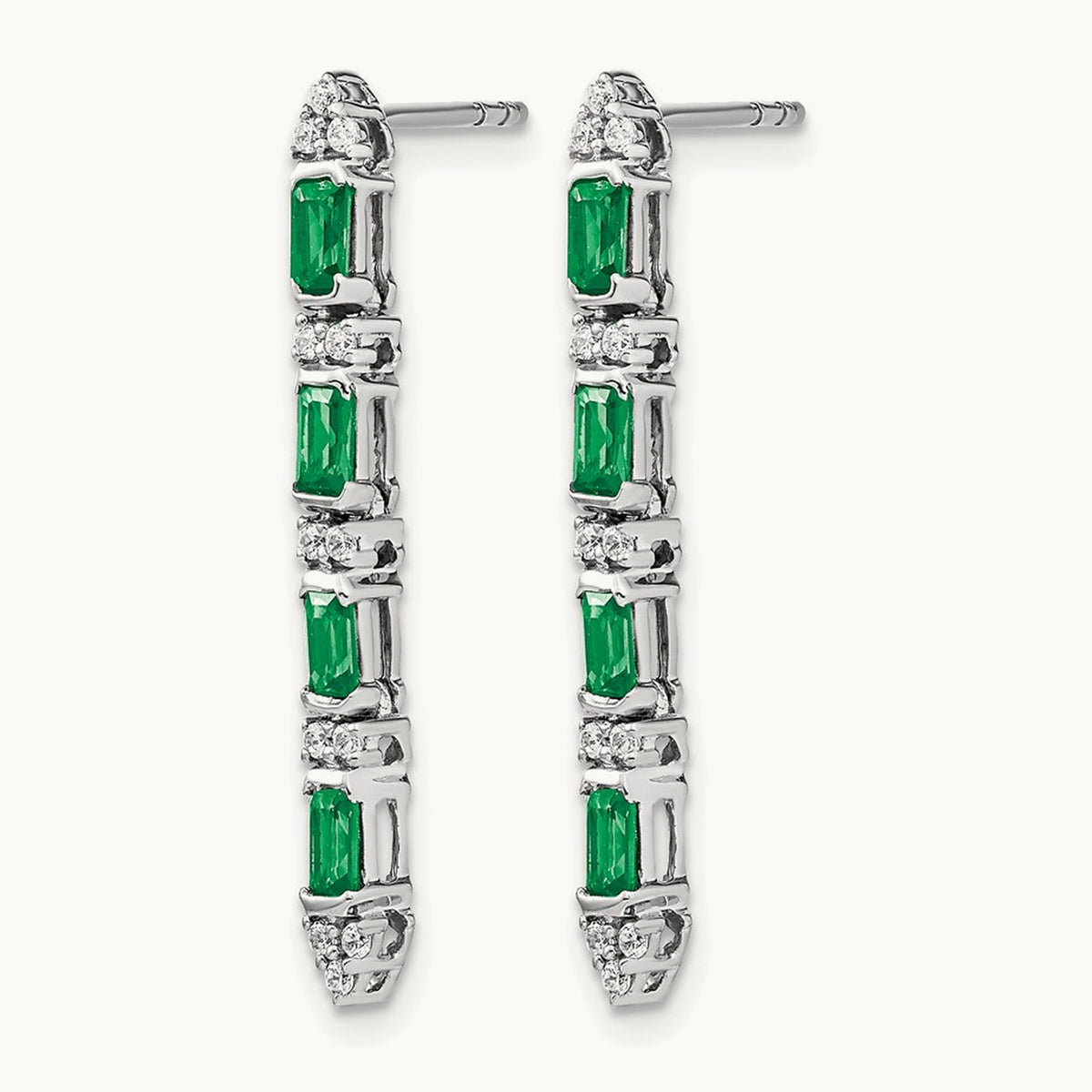 Emerald and Diamond 4-stone Dangle Earrings, 14K White Gold