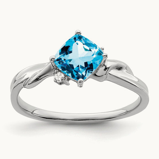 Cushion Blue Topaz and Diamond Ring, 14K White Gold