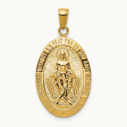 Satin and Polished Finish Miraculous Medal Pendant, 14K Gold