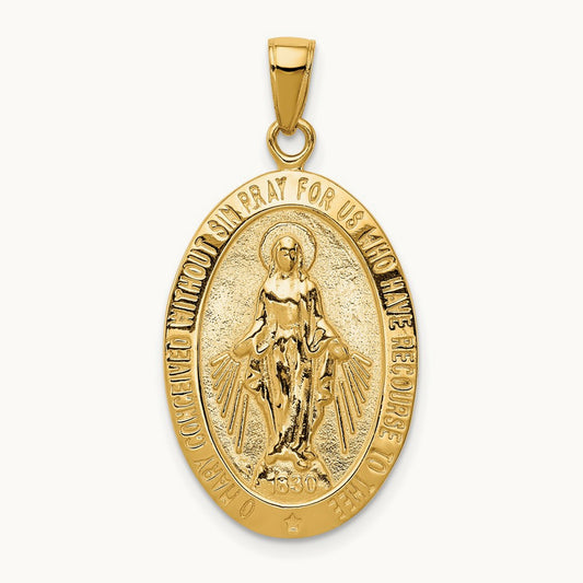 Satin and Polished Finish Miraculous Medal Pendant, 14K Gold
