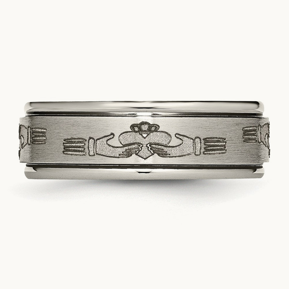 Brushed/Polished Claddagh Laser Design Ridged Edge Band, 8mm, Titanium