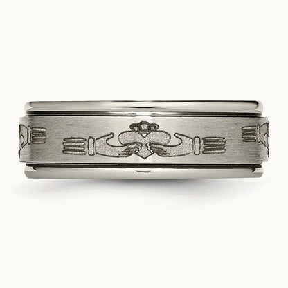 Brushed/Polished Claddagh Laser Design Ridged Edge Band, 8mm, Titanium