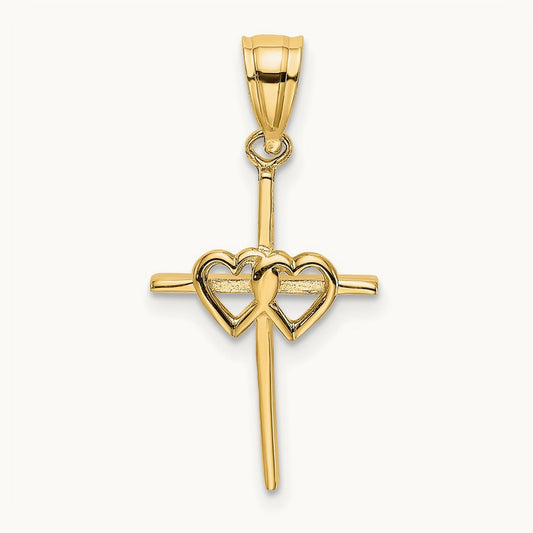 Polished Double Hearts On Stick Cross Charm, 14K