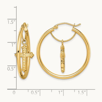 14K with D/C Cross Dangle Hoop Earrings