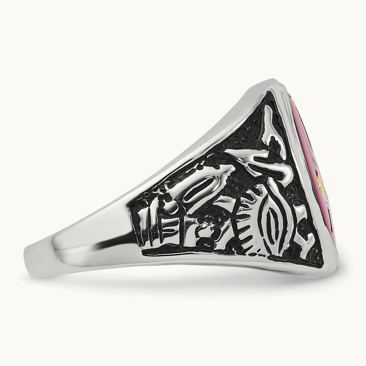 Men's Antiqued & Textured with Lab Created Ruby Masonic Ring — 14K White Gold