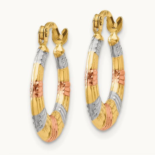 & White and Rose Rhodium Hollow Textured Hoop Earrings, 14K