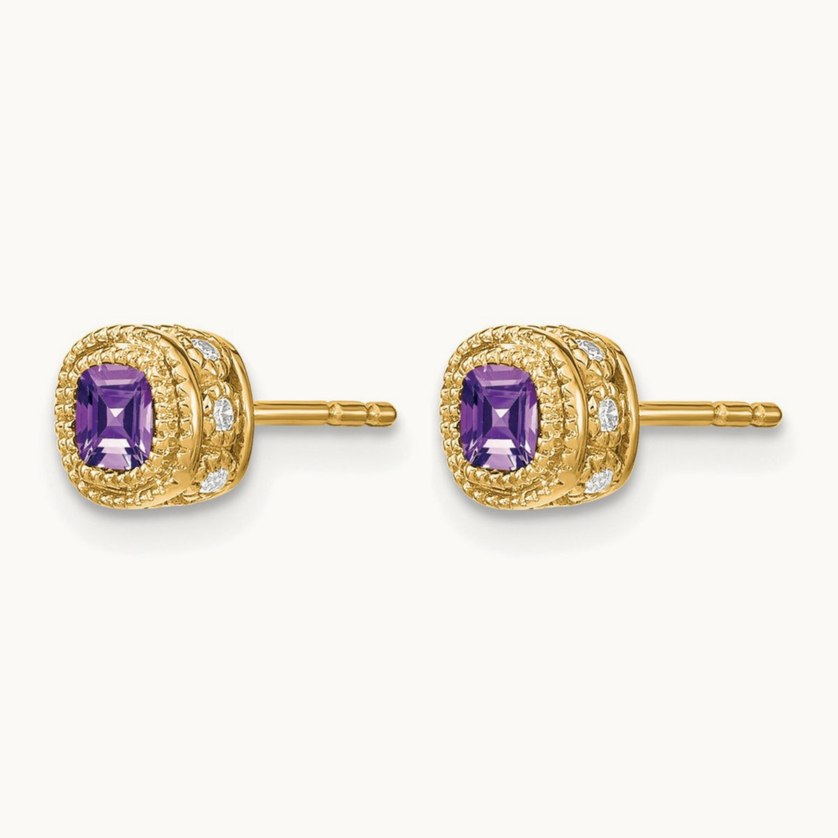 Cushion Amethyst and Diamond Earrings — 14K Yellow Gold
