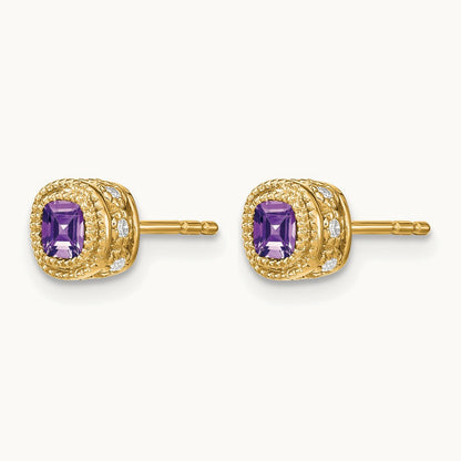 Cushion Amethyst and Diamond Earrings — 14K Yellow Gold