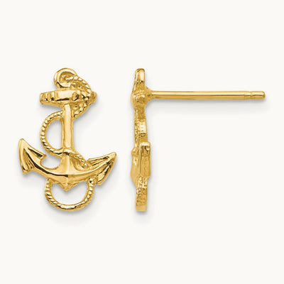 Anchor with Rope Trim Post Earrings — 14K Yellow Gold