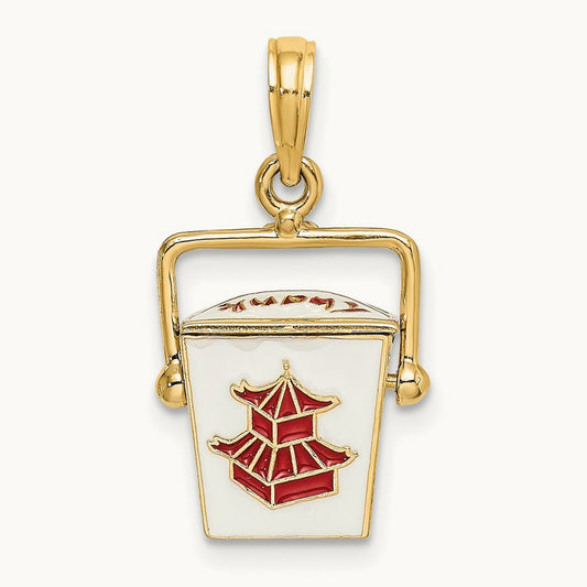3-D Enameled Moveable Chinese Take-Out Box Charm, 14K